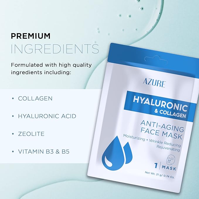 Azure Cosmetics Hyaluronic Acid & Collagen Anti Aging Sheet Facial Mask - Rejuvenating &