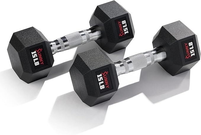 Sunny Health & Fitness Hex Style Dumbbell 5 LBS TO 50 LBS Chrome Handles, Hand Weight for Strength