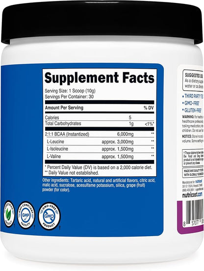 Nutricost BCAA Powder (Grape, 30 Servings) - Optimal 2:1:1 Ratio, Vegetarian, Non-GMO