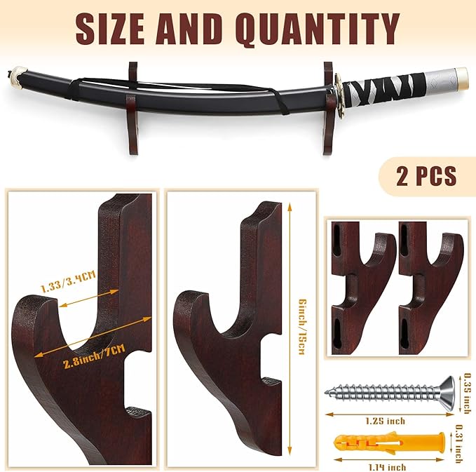 Chunful 2 Pcs Sword Wall Mount Sword Holder Katana Stand 1 Tier Hanger Adjustable Wooden Mounts for