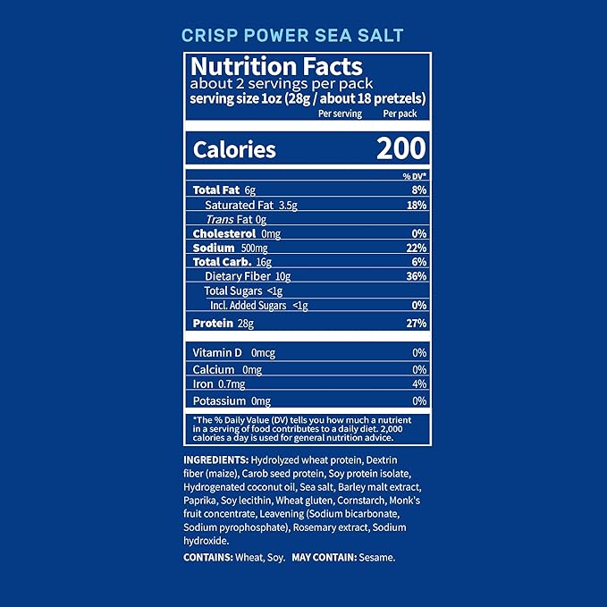 Crisp Power Protein Pretzels, Sea Salt, High Protein Vegan Keto Snack, 28 G Plant Based Protein