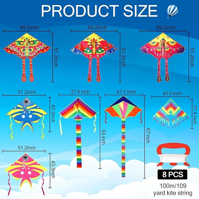 8 Pack Kites for Kids Butterfly Fish Rainbow Delta Pattern with 8 Pcs 109 Yard Kite String Large