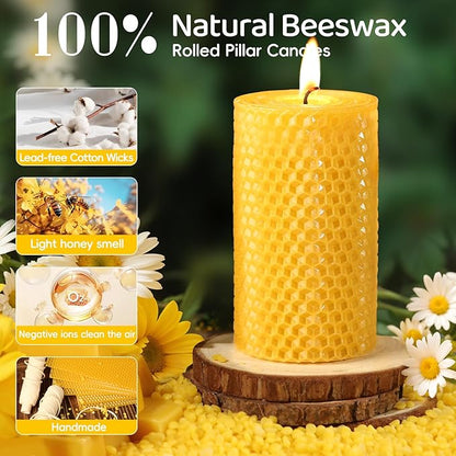 3 Pack Natural Beeswax Pillar Candles,Handmade Pure Beeswax Rolled Candle-60 Hours Long