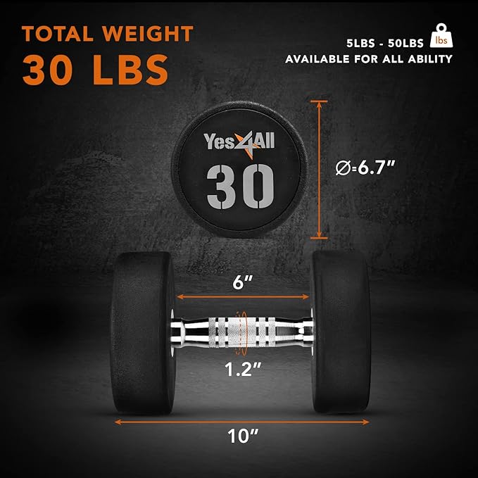 Yes4All Urethane Dumbbell with Anti-Slip Knurled Handle 5-50 LB for Muscle Building - Sold