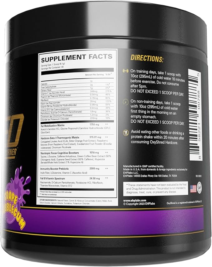 EHP Labs OxyShred Hardcore Super Dosed Pre Workout Powder - Preworkout Powder with L Glutamine &