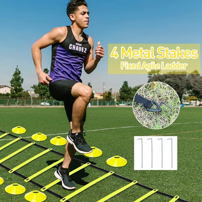 Speed & Agility Ladder Training Equipment Set, Includes 12 Rung 20ft Agility Ladder, 4 Agility