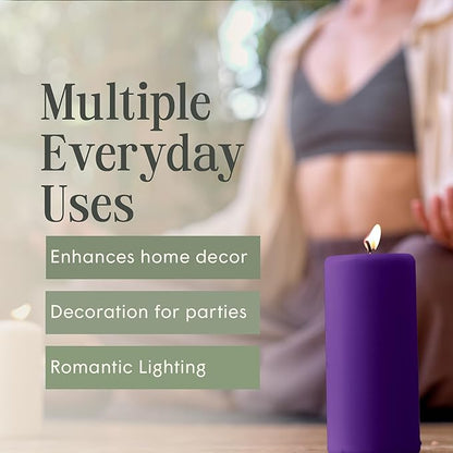 Mister Candle Dripless Unscented Pillar Candles, Set of 3 Hand Poured Purple Pillar Candles, Solid