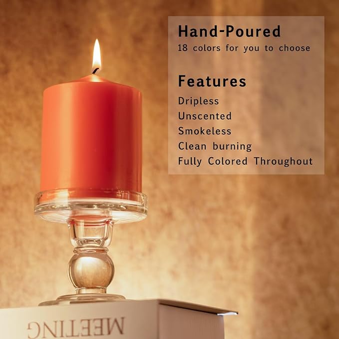 MOZEAL 3" x 8" Hand-Poured Unscented Candles,Large Orange Pillar Candles Set of 2,No Drip,Approx