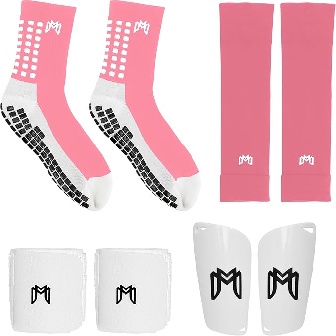 Soccer Grip Socks, Shin Guards, Pre Cut Sock Sleeves, and Guard Straps Bundle Pack - Essential