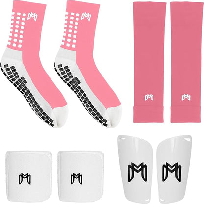 Soccer Grip Socks, Shin Guards, Pre Cut Sock Sleeves, and Guard Straps Bundle Pack - Essential