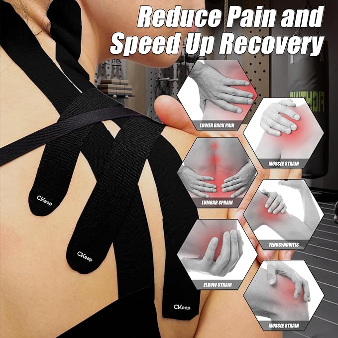 CKeep 4 Rolls Kinesiology Tape, Original Cotton Elastic Athletic Tape, 20 Precut 10" Strips Each