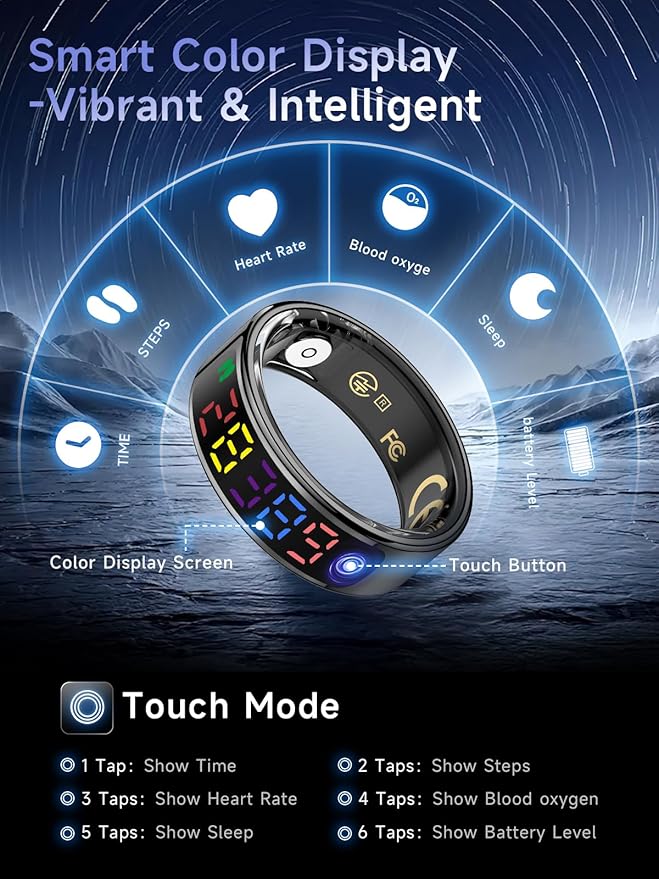 Smart Ring for Women Men, Health Ring with Colorful Display, Fitness Tracker with Heart Rate, Blood