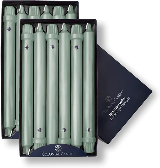 Colonial Candle Unscented Taper Candle, Classic Collection, Colonial Classic Green, 10 In, Pack of
