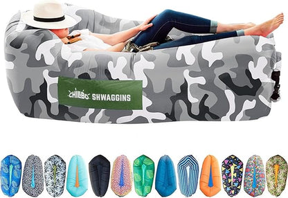 Chillbo Shwaggins Inflatable Couch – No-Pump Setup, Ripstop Polyester, Stability Pegs, Fun Prints