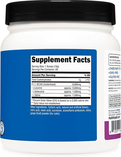Nutricost BCAA Powder (Grape, 60 Servings) - Optimal 2:1:1 Ratio, Vegetarian Friendly, Non-GMO