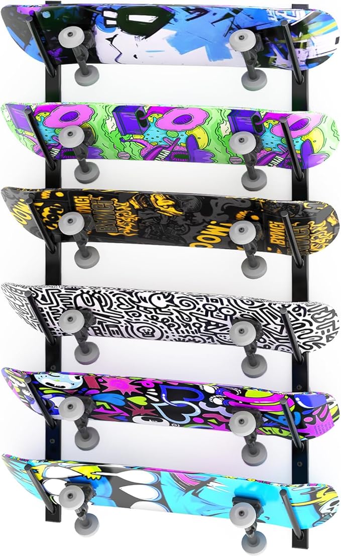 Skateboard Wall Mount, 6-Tier Skate Board Rack Wall Mount, Snowboard Storage Longboard Deck