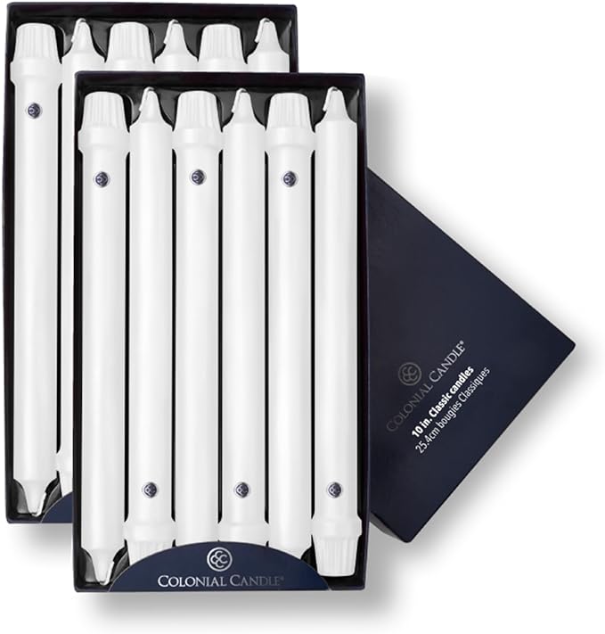 Colonial Candle Unscented Taper Candle, Classic Collection, White, 10 In, Pack of 12 - Up to 8