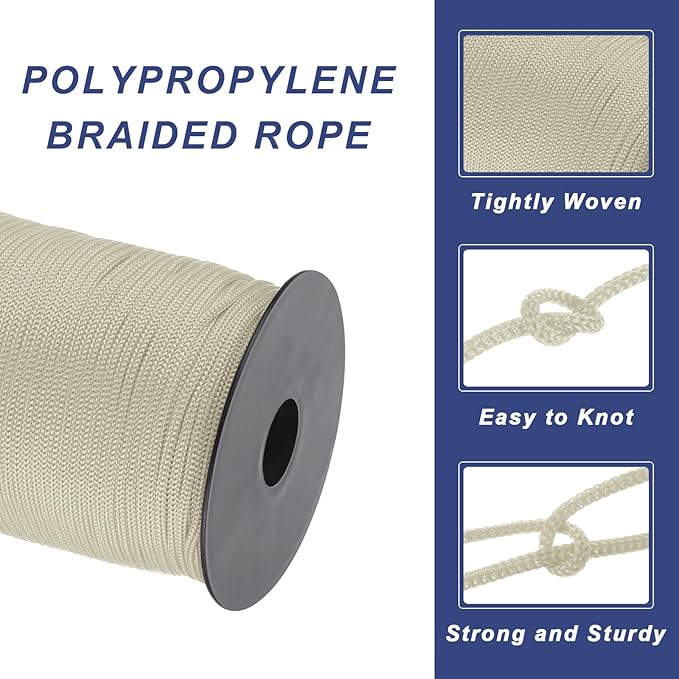 MECCANIXITY 1/8 Inch Polypropylene Rope Braided Ropes, 328ft Nylon Rope Hollow Utility Cord for