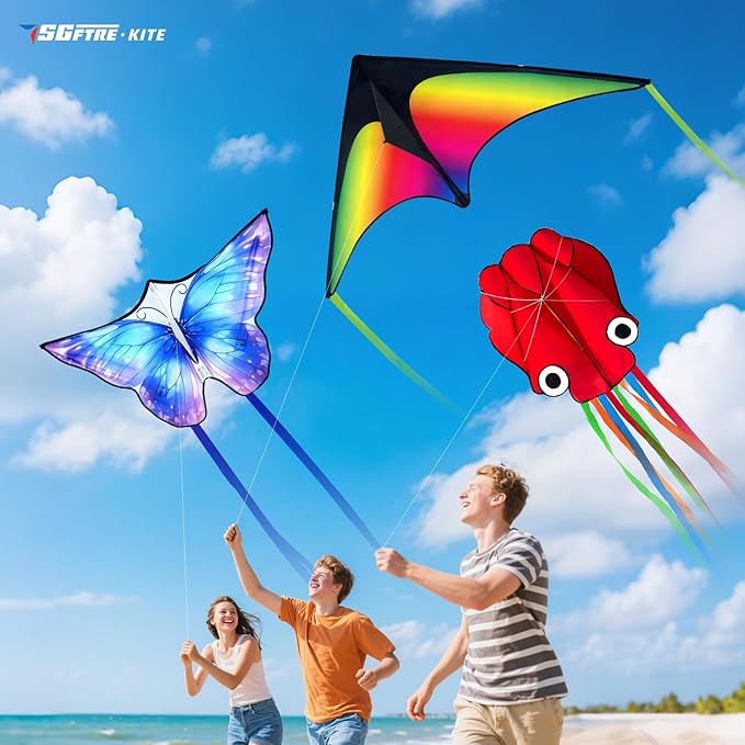 3 Piece Set Butterfly Delta Octopus Kites for Kids and Adults，Easy to Fly for Outdoor Adults