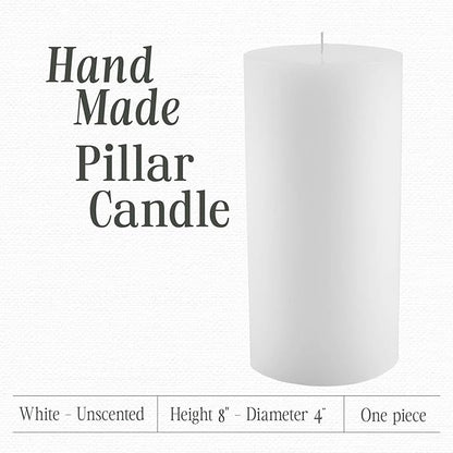Mister Candle Non Scented Luxury 4 x 8 Pillar Candle, Hand Poured White Unscented Candle for Home