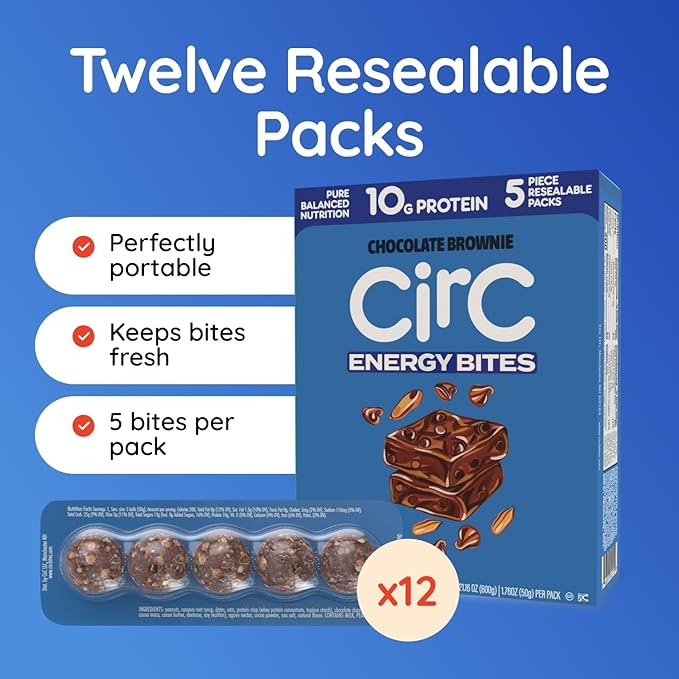 CirC Energy Bites - 12 Pack Chocolate Brownie Gluten Free Protein Balls - 10g Protein, Whole