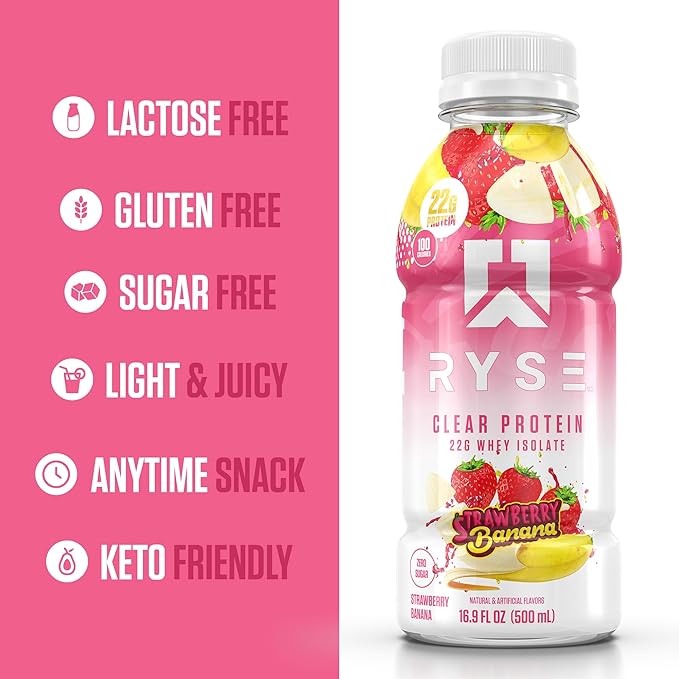 RYSE Clear Protein Shake - Strawberry Banana - 100 Calories, 22g Whey Isolate Protein, Sugar-Free