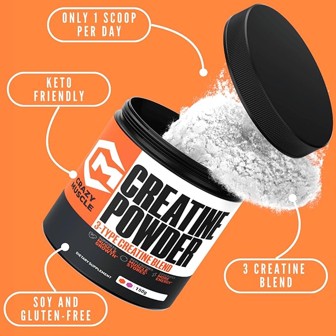 Crazy Muscle Creatine Monohydrate Powder, 5000mg Premium 3X ThreeAtine Pre Workout Mass Gainer
