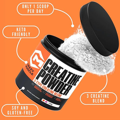 Crazy Muscle Creatine Monohydrate Powder, 5000mg Premium 3X ThreeAtine Pre Workout Mass Gainer