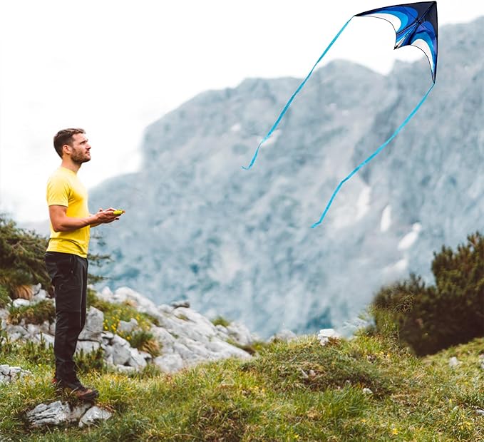 Blue Delta Kite Easy to Fly,Beach Trip Outdoor Games Single Line String with Tail,Easy Flying