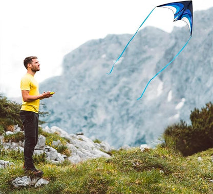 Blue Delta Kite Easy to Fly,Beach Trip Outdoor Games Single Line String with Tail,Easy Flying