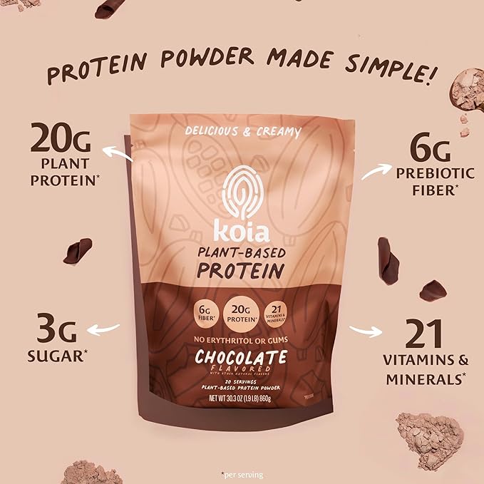 Koia Plant Based Protein Powder, Chocolate, 20g Protein, 3g Sugar, 6g Prebiotic Fiber, Pre & Post
