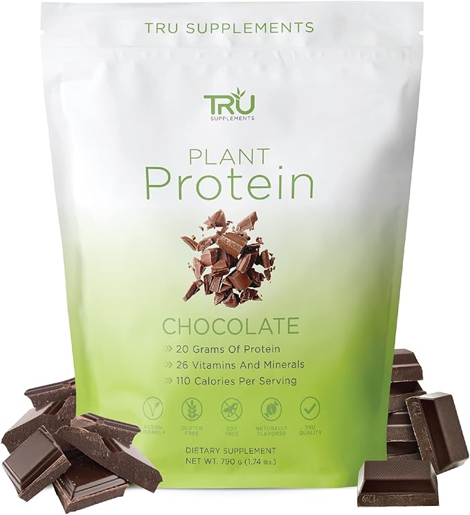TRU Supplements Plant Based Protein Powder, BCAA, EAA, 20g Vegan Brown Rice & Pea Protein, 100