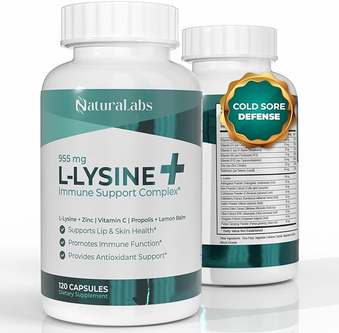 L-Lysine + Cold Sore Immune Support Supplement – with Vitamin C, Zinc, Bee Propolis, Lemon Balm &