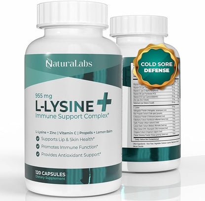 L-Lysine + Cold Sore Immune Support Supplement – with Vitamin C, Zinc, Bee Propolis, Lemon Balm &