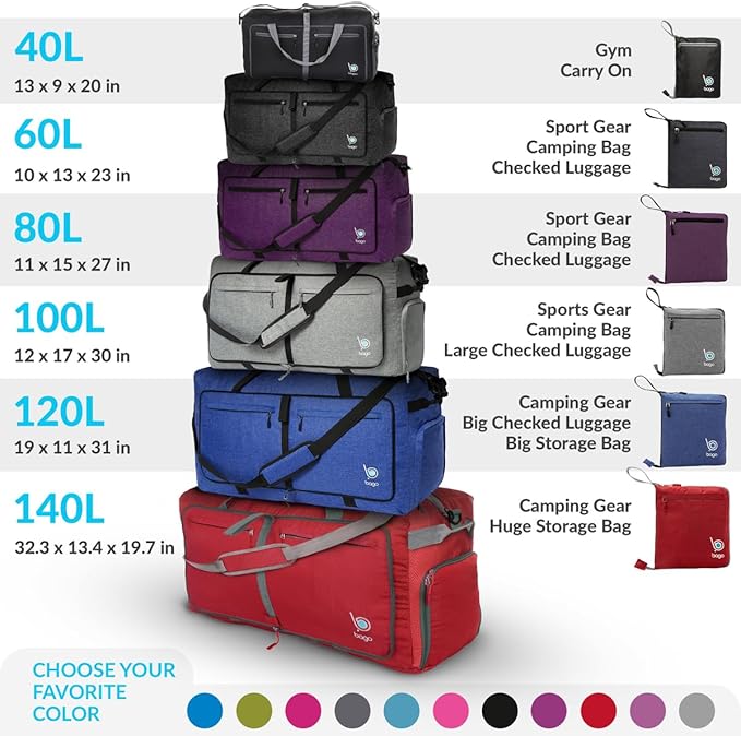 Bago Foldable Duffel Bags for Traveling Women & Men - 60L Medium Packable Duffle Bag for Travel