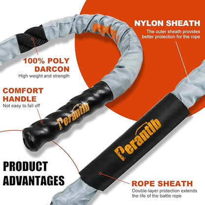 Perantlb Poly Battle Rope with Cloth Sleeve -1.25/1.5/2 Inch Diameter 30' 40' 50' Lengths -Gym