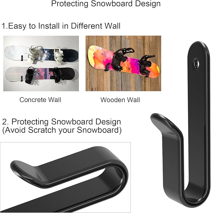 4 Pack Snowboard Wall Mount Clips, Horizontal Skateboard Wall Mount with Screws, Snowboard Display