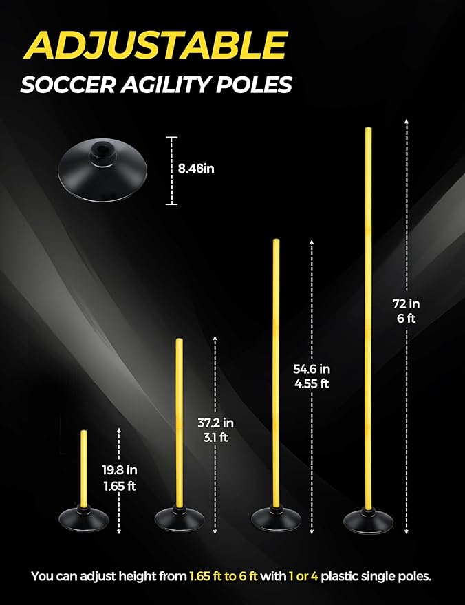 SEAOTTER Soccer Agility Poles Set, 4/6/10 Pcs 6ft Detachable Sports Trainning Speed Poles Slalom