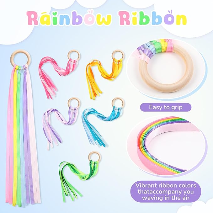 Deekin 12 Pcs Rainbow Ribbon Wooden Waldorf Toys Creative Waldorf Hand Kite Set Streamers with Wood