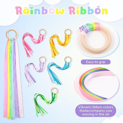 Deekin 12 Pcs Rainbow Ribbon Wooden Waldorf Toys Creative Waldorf Hand Kite Set Streamers with Wood
