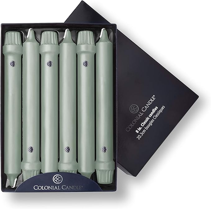 Colonial Candle Unscented Taper Candle, Classic Collection, Colonial Classic Green, 8 in, Pack of