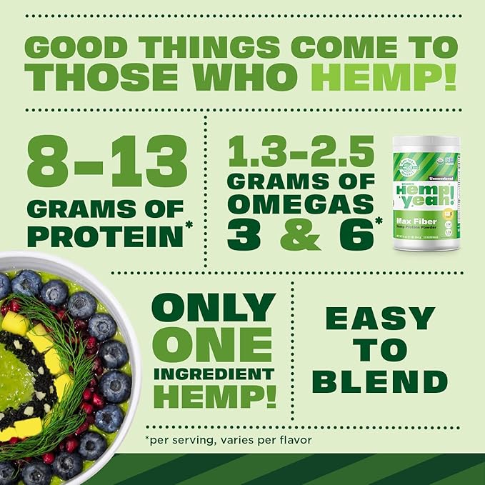 Manitoba Harvest Hemp Yeah Organic Max Fiber Protein Powder, Unsweetened, 16oz, with 13g of Fiber