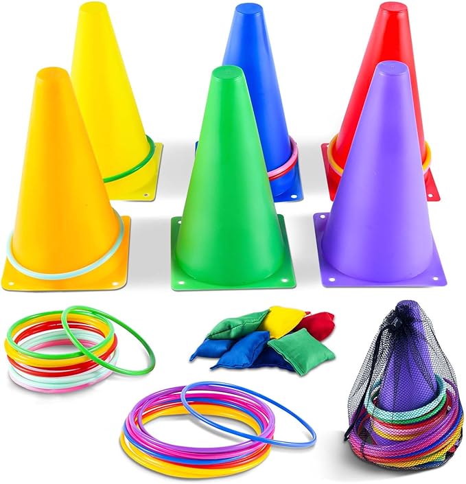 OBTANIM 26 Pcs Plastic Colorful Cones Ring Toss Combo Set Outdoor Carnival Games for Kids Adults