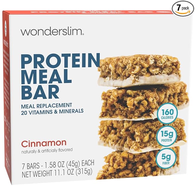 WonderSlim Meal Replacement Protein Bar, Cinnamon, 15g Protein, 20 Vitamins & Minerals, Gluten Free