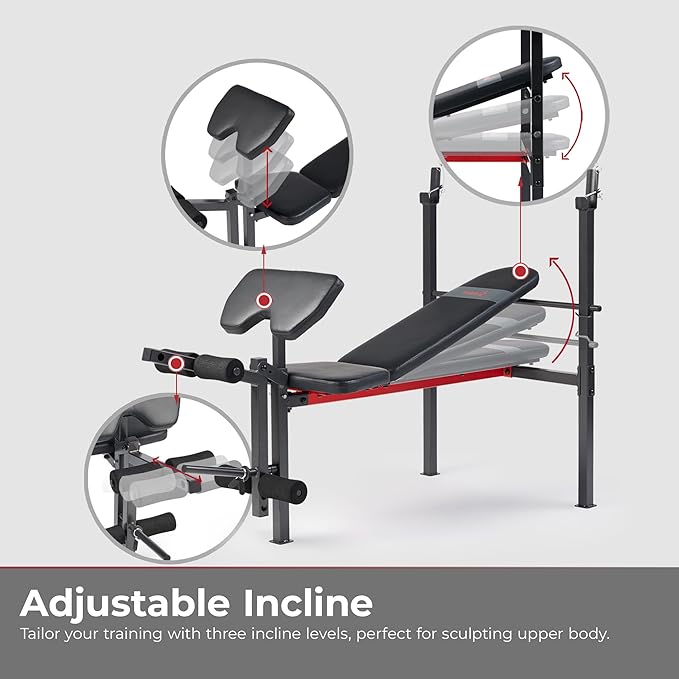 Sunny Health & Fitness Compact Premium Incline Bench Press Bar Rack Set & Optional Leg Extension
