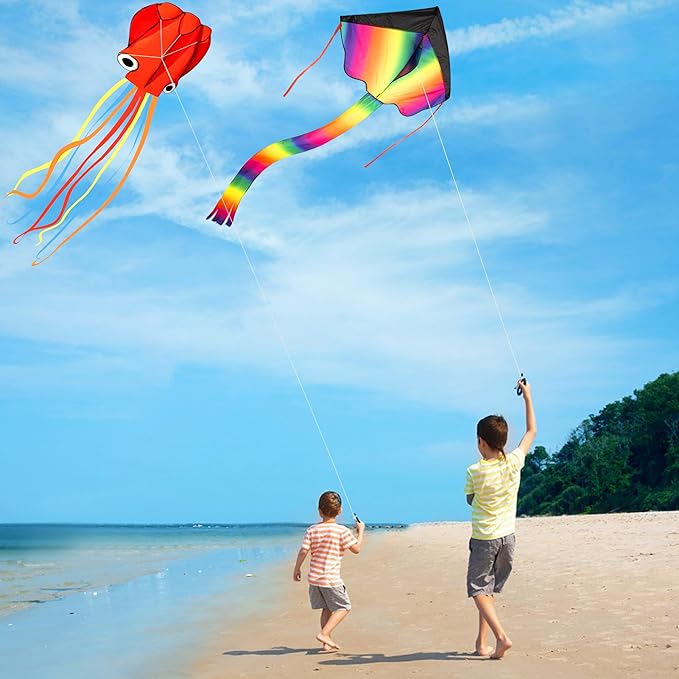 3 Pack Large Kites, Large Butterfly Kite, Colorful Delta and Red Octopus for Girls Boys Ages 4-8