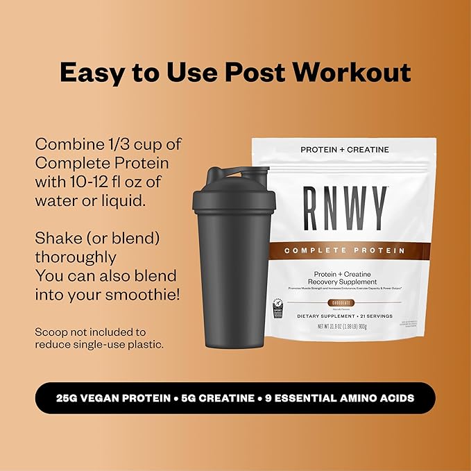 RNWY 25g Chocolate Protein + 5g Creatine Powder, Vegan Plant-Based Protein with Digestive Enzymes