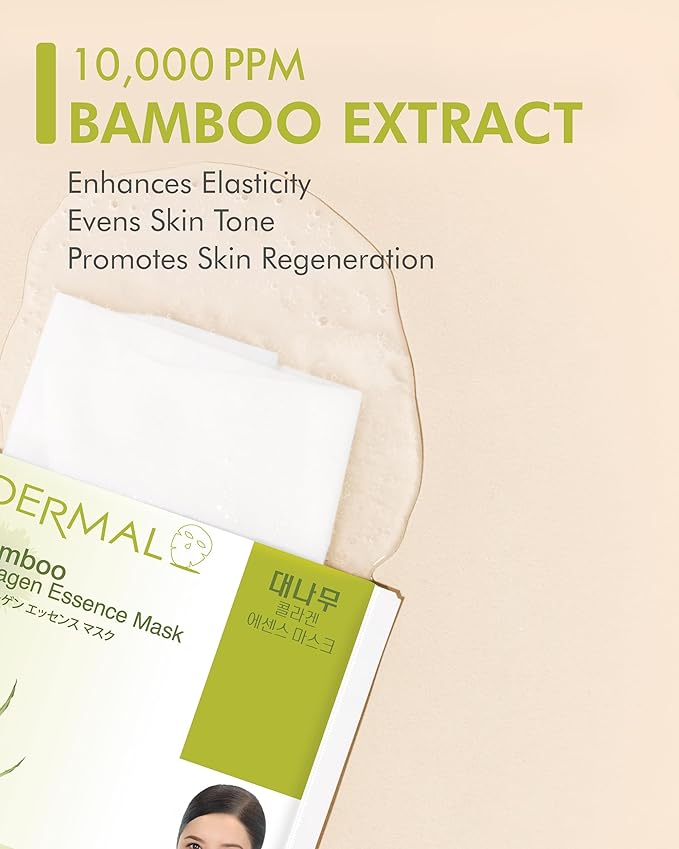 DERMAL Bamboo Collagen Essence Facial Mask Sheet 23g Pack of 10 - Hydrating & Calming, For Dewy and