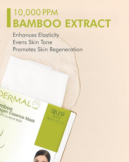 DERMAL Bamboo Collagen Essence Facial Mask Sheet 23g Pack of 10 - Hydrating & Calming, For Dewy and