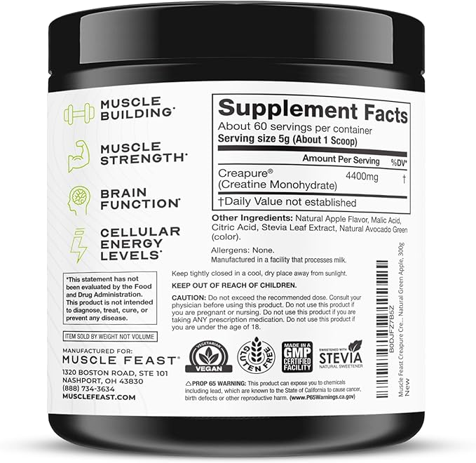 Muscle Feast Creapure Creatine Monohydrate Powder, Vegan Keto Friendly Gluten-Free Easy to Mix
